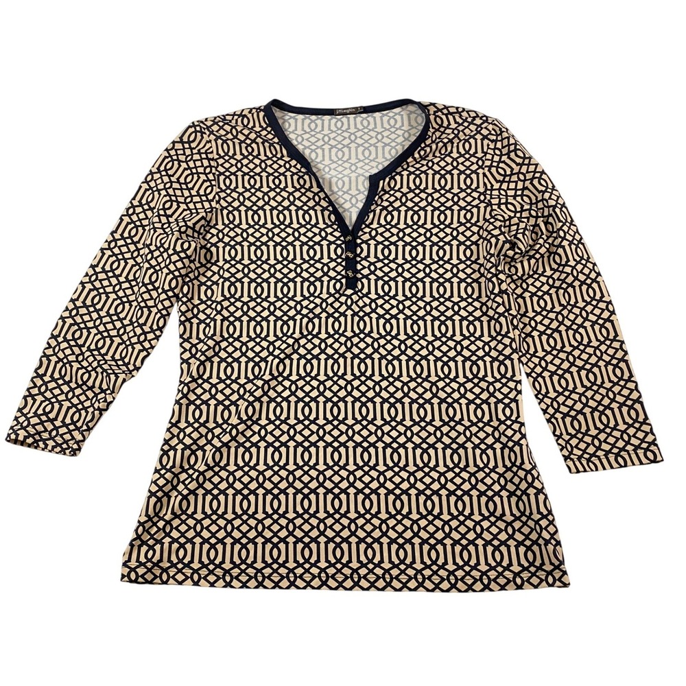 J.McLaughlin Navy Tan Geometric Lattice Split Neck Button Top Small